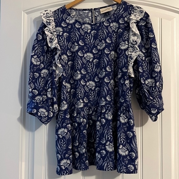 Universal Thread Blue Floral Print Puff 3/4 Sleeve Ruffle Blouse Size XL - Picture 2 of 6